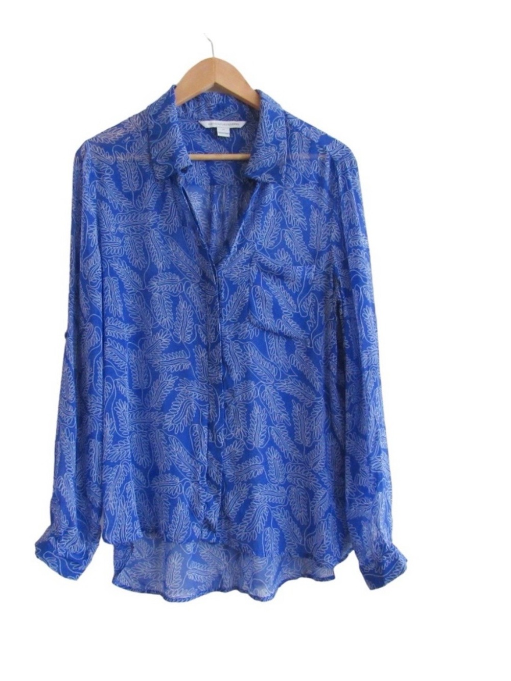 Diane Von Furstenberg Blue Lorelei Silk Blouse 12 Leaf Print Button Front DVF